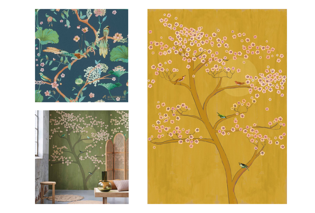 The Chinoiserie Wallpaper features crawling vertical branches with classic florals and playful birds can make your home more beautiful.