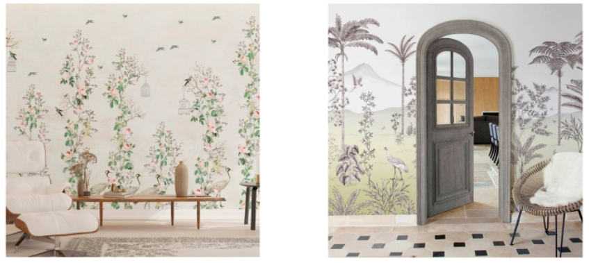 Chinoiserie wallpaper features floral motifs