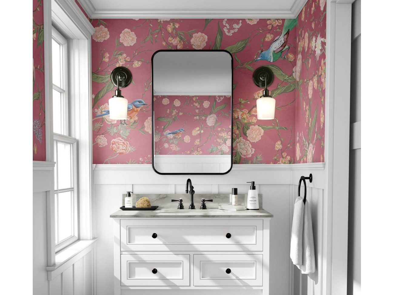 Roses and Canaries Wallpaper for Decorating Bathroom