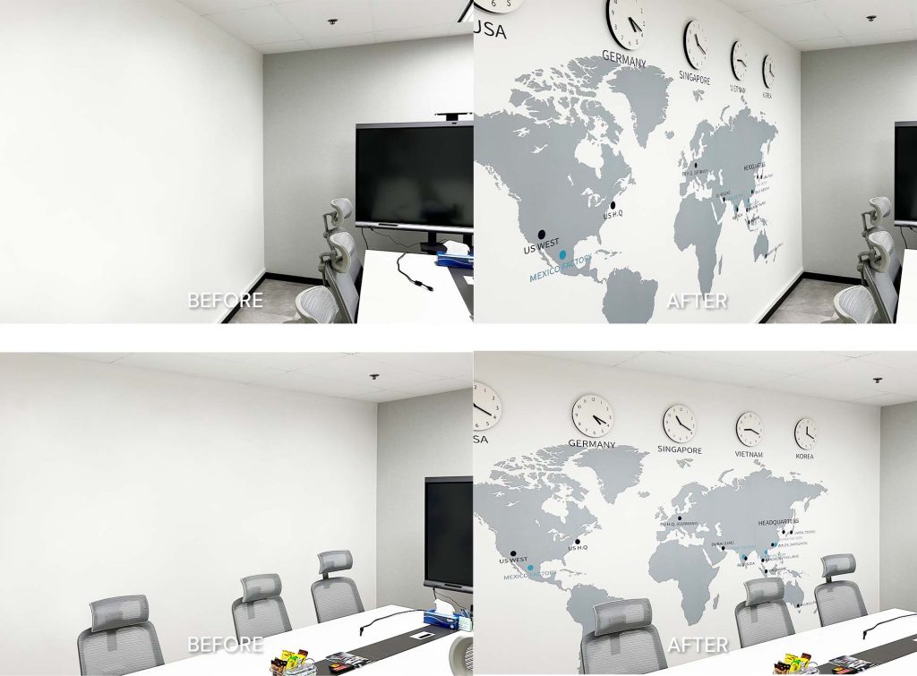 Office Interior Makeover for meeting room: custom wallpaper