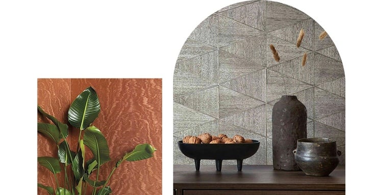 Left, a natural wood grain wallpaper with a plant. Right, a textured contemporary geometric wallpaper