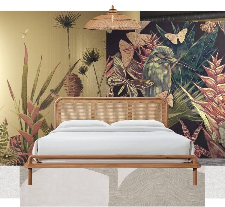 bedroom with mural wallpaper and rattan bed