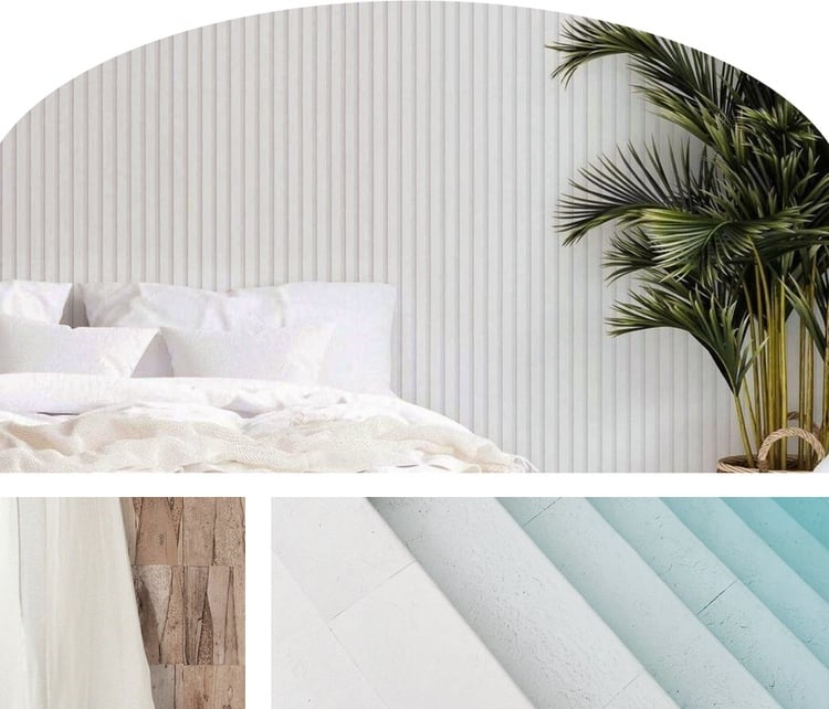 a bed side with clean white stripes wallpaper