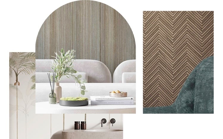 a mood board explores the various ways textured wallpaper can be utilized in interior design