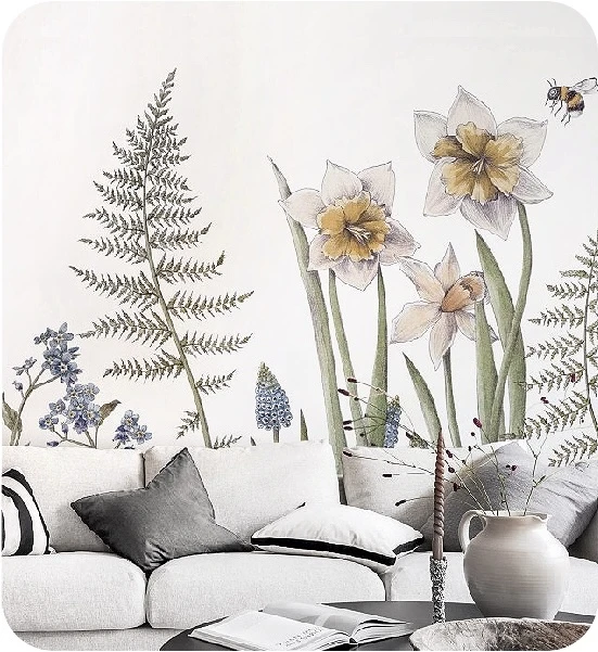 botanical wallpaper with a bee in a living room