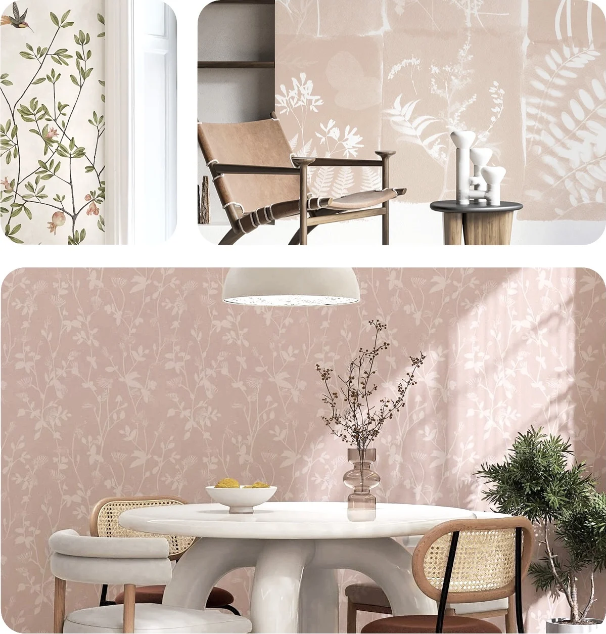 various designs of feminine botanical wallpaper, featuring cyanotype and chinoiserie designs