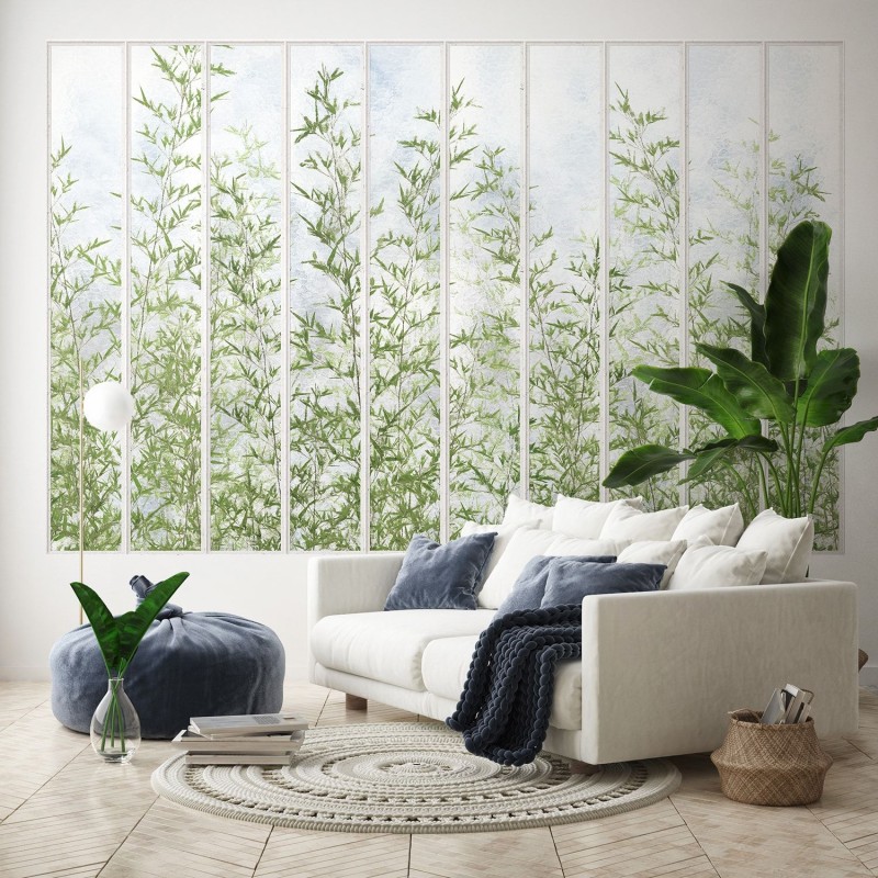 KOZIEL | Panoramic wallpaper white wide loft windows and bamboos | LPV021XL-X