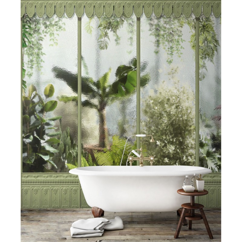 KOZIEL | Panoramic mural sage green winter garden greenhouse | LPV030-X