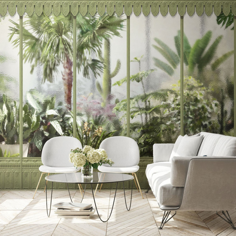 KOZIEL | Panoramic mural sage green winter garden greenhouse | LPV030-X