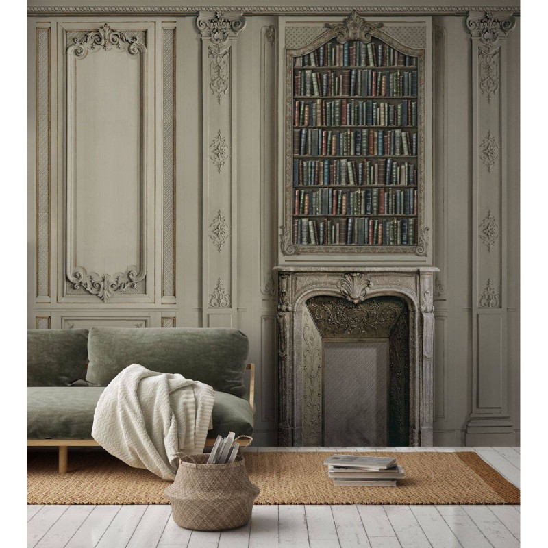 7931-36P | Warm grey bookcase and hausmannian fireplace 133cm