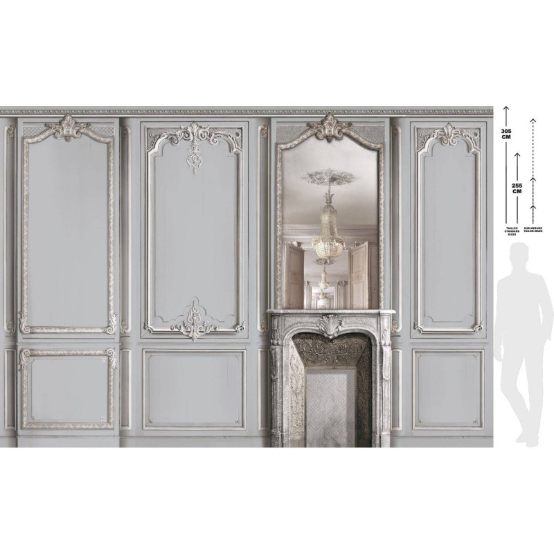 7941-72P | Light grey pastel fireplace with mirror and haussmannian panelling 133cm