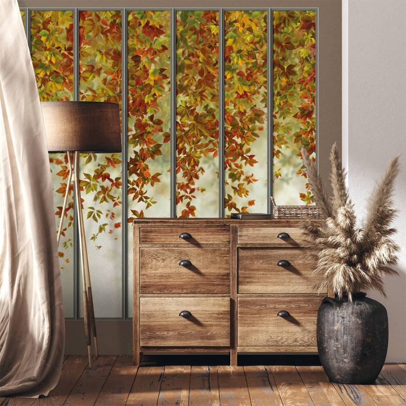 LPV054XL-X | Autumnal wide loft windows panoramic wall mural - Grey