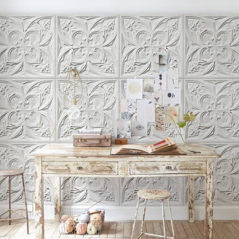 PPV013P01X6 | Antique white tin tiles wallpaper