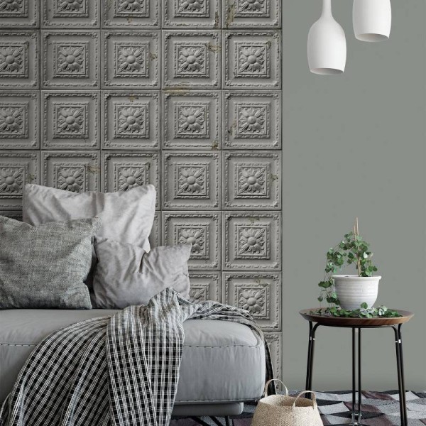 PPV014P06X24 | Antique mid-grey tin tiles wallpaper