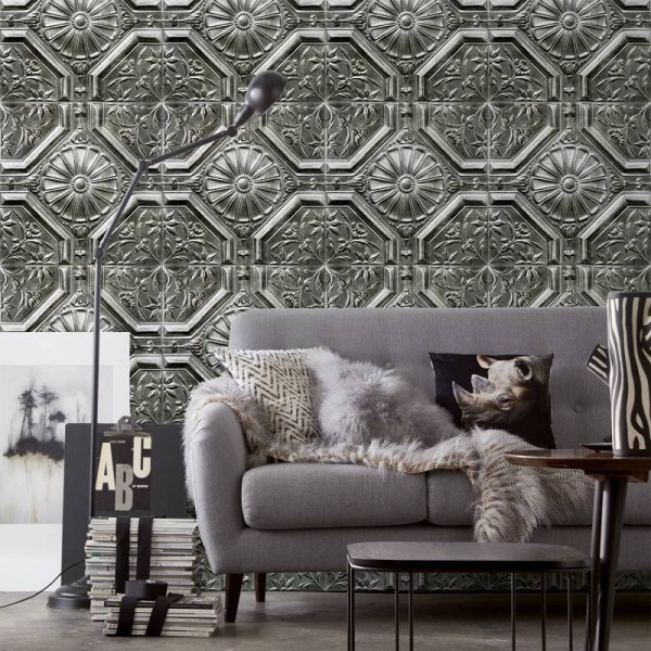 PPV020D33X6 | Antique silver tin tiles wallpaper