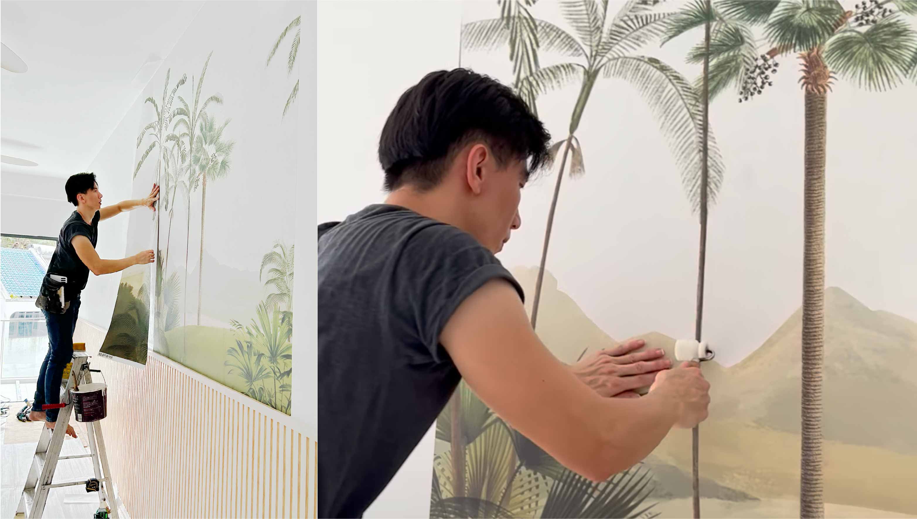 Honpo's professional installer, meticulously install the wallpaper